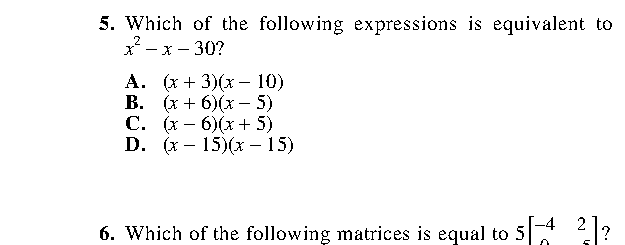 Question 5 as printed in the Preparing for the ACT — Practice Test 1 booklet