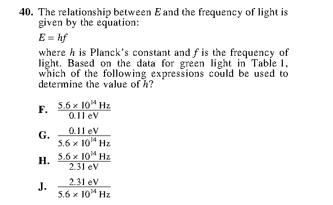 Question 40 as printed in the Preparing for the ACT — Practice Test 1 booklet